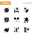 9 Solid Glyph Black coronavirus epidemic icon pack suck as cold, medicines, washing, medical pills, virus