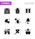 CORONAVIRUS 9 Solid Glyph Black Icon set on the theme of Corona epidemic contains icons such as disease, covid, blood test,