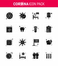 CORONAVIRUS 16 Solid Glyph Black Icon set on the theme of Corona epidemic contains icons such as news, packet, safe, bottle, room Royalty Free Stock Photo