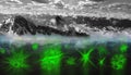 Coronavirus spreading on background of monochrome panorama of Alp tourist resort and water reflections