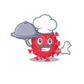 Coronavirus substance as a chef cartoon character with food on tray