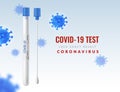 Coronavirus test tube. Realistic cotton swab virus testing, transparent container, laboratory analysis, covid antibody