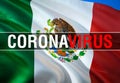 Coronavirus Text on Mexico flag background. Coronavirus hazard and Infection in Mexico concept. 3D rendering Corona virus concept