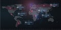 Coronavirus text outbreak with the world map in style HUD. Circle element cyber futuristic concept. Virus danger