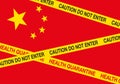 Coronavirus threat from China. Chinese flag with yellow barricade tape saying Caution do not enter and Health Quarantine. Royalty Free Stock Photo