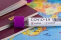 Coronavirus and travel concept. Epidemic in Wuhan, China. World map showing countries with COVID-19 cases. Blood sample in a tube Royalty Free Stock Photo