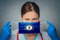 Coronavirus in U.S. State Kentucky, Female Doctor Portrait, protect Face surgical medical mask with Kentucky Flag. Illness, Virus