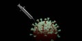 Coronavirus with a vaccin syringe attach to it. 3D illustration