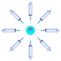 Coronavirus vaccination campaign covid 19. Syringe against virus concept illustration
