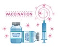 Coronavirus vaccination. Covid-19 vaccine, syringe injection. Dose medicine solution in bottles. Immunity, prevent virus. Vector Royalty Free Stock Photo