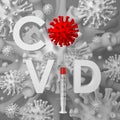 Coronavirus vaccination. COVID word with virus cell like `O` and a syringe with a vaccine like `I`.