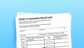 Coronavirus vaccination record card on blue background with copy space for travel and movement without borders. Vaccination form