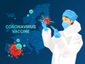 Coronavirus vaccine in action concept. Map of Europe on background. Vector illustration