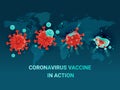 Coronavirus vaccine in action concept. Victory over the coronavirus in the world on dark background. Vector illustration