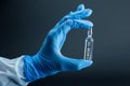 Coronavirus vaccine concept, cure for COVID-19. Blue hand glove holds ampoule with drug against SARS-CoV-2 Royalty Free Stock Photo