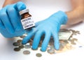 Coronavirus vaccine cost. vaccine ampoule and money. Fight against Covid-19. Pevention  immunization and treatment Royalty Free Stock Photo