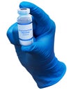 Coronavirus vaccine. a hand in a blue protective glove holds a bottle of the covid-19 coronavirus vaccine. universal vaccination