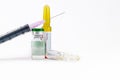 Coronavirus vaccine and medicine concept with generic ampoules, vials, injection syringe