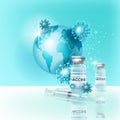 Coronavirus vaccine pandemic medical concept with world globe, COVID-19 molecules, syringe, cure vials. Royalty Free Stock Photo