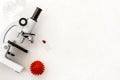 Coronavirus vaccine, research with microscope. White background top view copy space