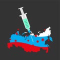 Coronavirus vaccine. Russia vaccination. Syringe pierces Russia map. Cure for infection  Covid-19 Royalty Free Stock Photo