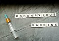 Coronavirus vaccine with syringe on black background