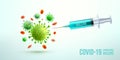 Coronavirus Vaccine and syringe injection with disease cells and red blood cell.Blue syringe injection tool for covid19 Royalty Free Stock Photo