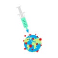 Coronavirus vaccine. Vaccinating earth. Syringe pierces Covid-19 bacteria. Cure for infection Royalty Free Stock Photo