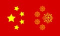 Coronavirus virus cells and chinese ensign stars symbol on a red background. Fight and confrontation concept. Country and Nation