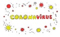 Coronavirus, Virus. Color lettering doodle handwritten hand drawn. Background, frame with Molecules viral bacteria infection