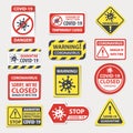 Coronavirus warning, quarantine attention signs, vector illustration