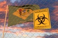 Coronavirus warning sign on the fence against flag of Delaware. Quarantine related 3D rendering