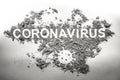 Coronavirus word and germ microbe silhouette drawing made in dirt, filth