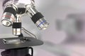 biotechnology discovery concept, object 3D illustration - laboratory electronic scientific microscope on bokeh background Royalty Free Stock Photo