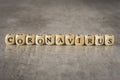 Coronavirus written on wooden blocks, selective focus