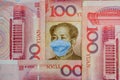 Coronavirus Wuhan Sars illness. Concept: Quarantine in China, 100 Yuan banknote with face mask. Economy and financial markets affe