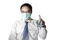 Coronavirus, young Asian doctor, is wearing a blue mask and washing his hands with alcohol-based gel to prevent medical surgery