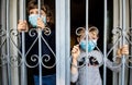 Coronavirus Young children at home isolation auto quarantine wearing face mask protective for spreading of disease virus looking