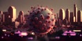 Coronaviruses floating over a city