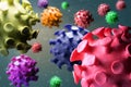 Coronaviruses or models of multicolored different viruses made of plasticine flying in space