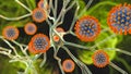 Coronaviruses and neurons, conceptual 3D illustration. Neurologic and neuropsychiatric complications of COVID-19 Royalty Free Stock Photo