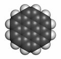 Coronene polyaromatic hydrocarbon (PAH) molecule. 3D rendering. Atoms are represented as spheres with conventional color coding: