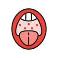 Coronovirus, angina, pharyngitis icon vector. The oral mucosa is covered with red papules. Wide open mouth, teeth