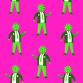 Coronovirus pandemic seamless pattern. Masked female character with flying green and red bacteria.