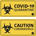 Coronavirus covid-19 warning and quarantine sign board yellow and black board illustration grunge effect Royalty Free Stock Photo