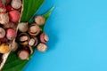 Corozo fruit on blue background. Bactris guineensis