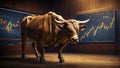 A formidable bull in a boardroom with business charts on the background.