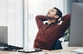 Corporate asian man, rest and stretching in office for stress, tired or burnout with eyes closed. Entrepreneur