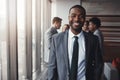 Corporate black man in business, smile and portrait in leadership, professional and lawyer in meeting. Attorney in Royalty Free Stock Photo