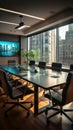 Corporate boardroom features black table, brown chairs, and modern technology